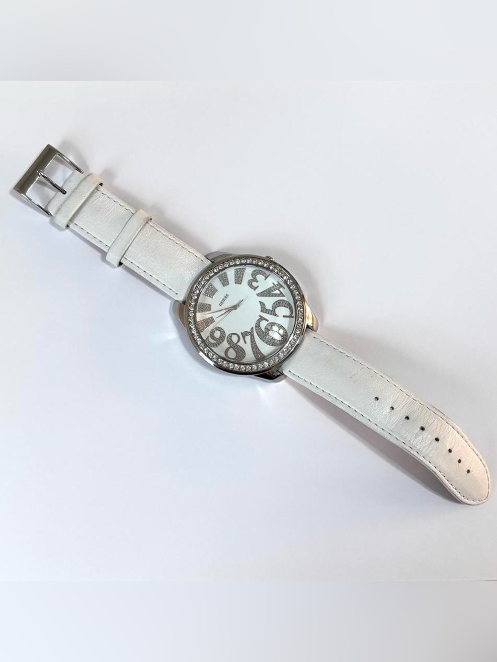 Y2K GUESS White Leather Rhinestone Watch Needs Battery